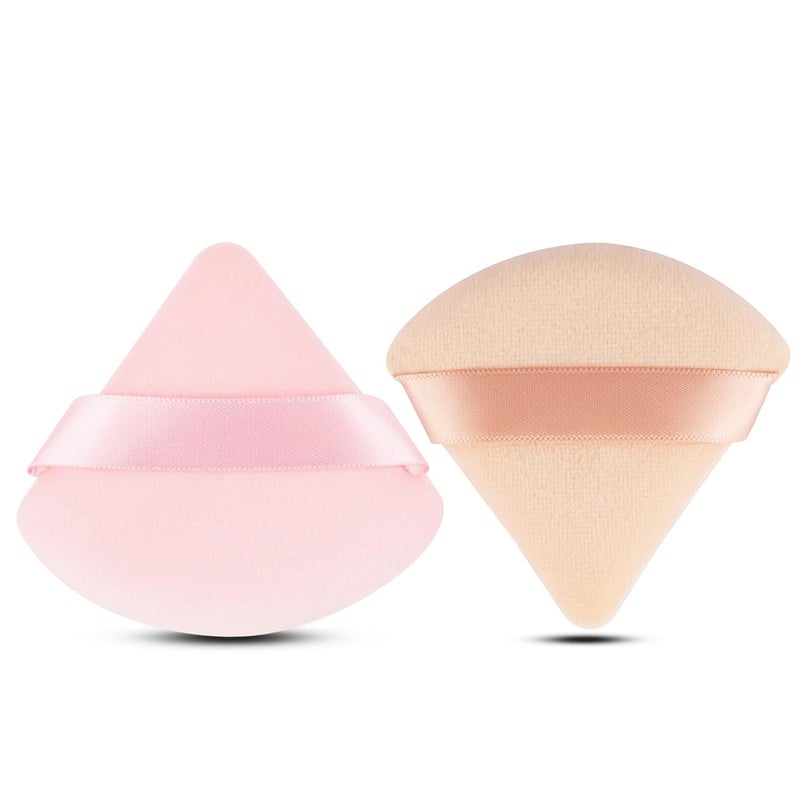 EVAOUXIU 2 Pcs Triangle Powder Puff for Face Powder, Soft Plush Setting Powder Puff, Velour Cosmetic Foundation Blender Sponge Beauty Makeup Tools (Pink&Nude) - Image 1